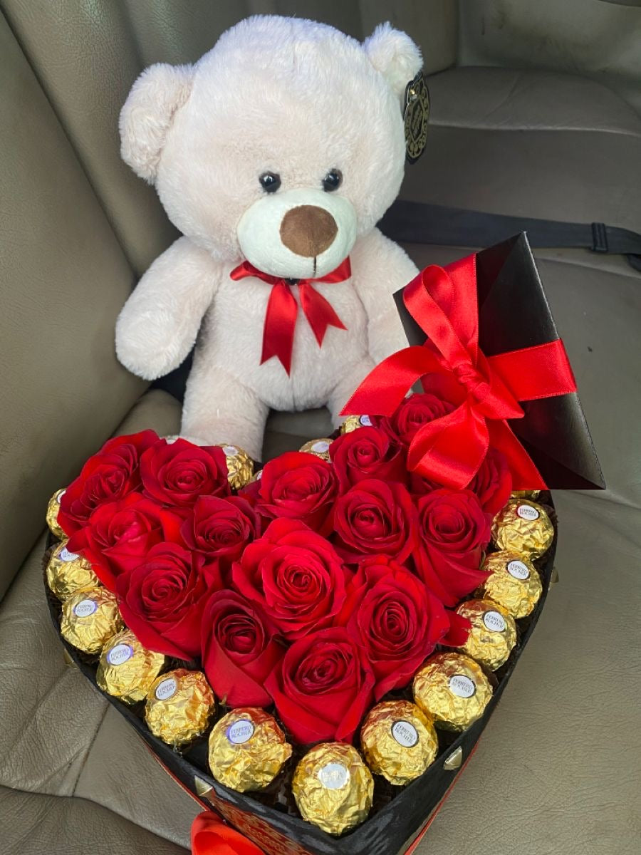 Heart box with Teddy bear, roses and chocolates – Balloons On The Go