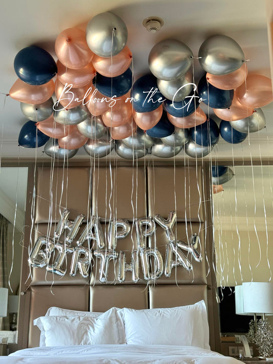 40 Ceiling Balloons ( Navy, Silver and Rose gold)