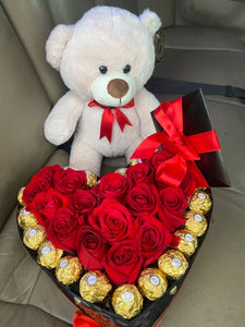 Heart box with Teddy bear, roses and chocolates