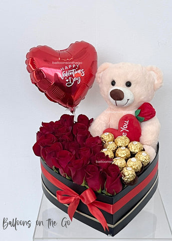 Heart Box with Chocolates, Teddy Bear and Roses