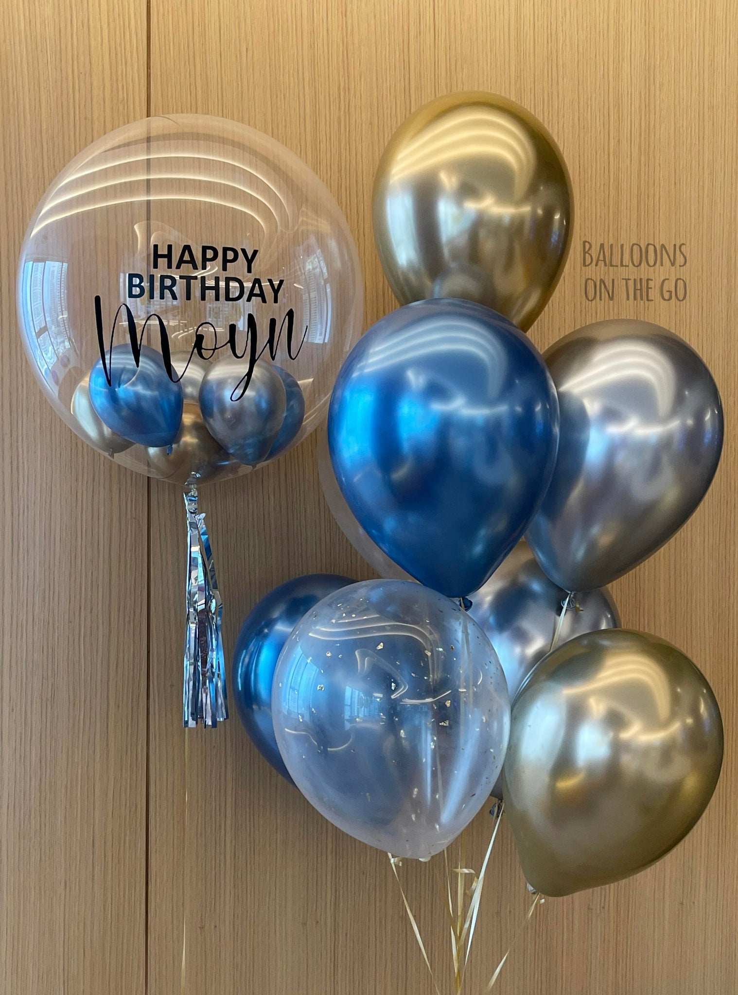 Customized bubble balloon with bouquet- Blue, gold, silver