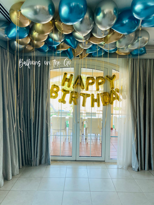50 Chrome ceiling balloons and Happy Birthday