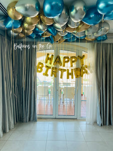 50 Chrome ceiling balloons and Happy Birthday
