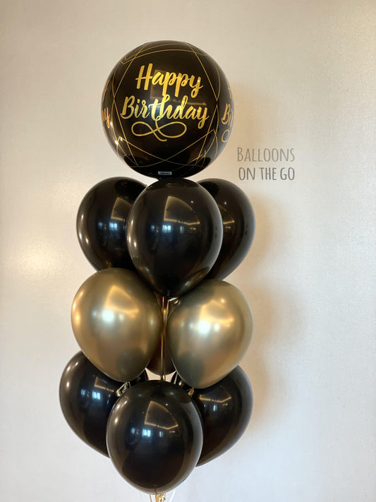 Happy Birthday Black and Gold orbz with bouquet