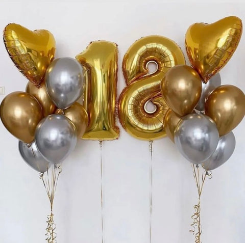 Number balloon bouquet in gold and silver