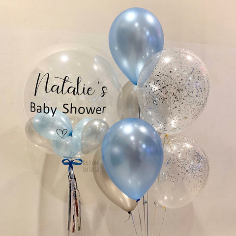 Blue and Silver Bubble balloon with bouquet
