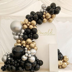 Black, gold and Silver Balloon Garland Setup